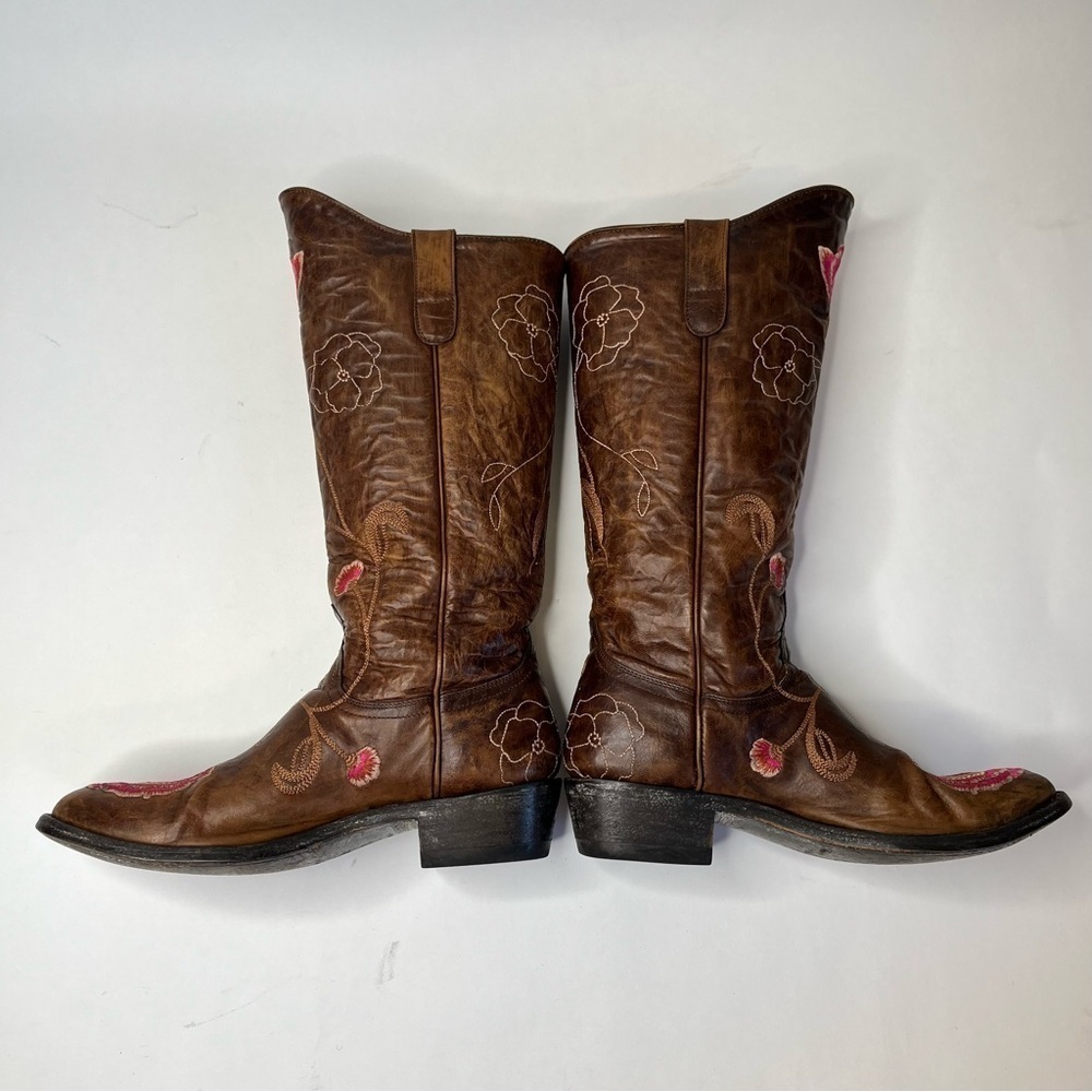 OLD GRINGO Abby Rose Pink Embroidered Floral Distressed Brown Cowboy Biker Boots - Picture 6 of 14